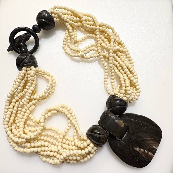 Vintage Gerda Lynggaard Bone Bead Multi-strand Ivory Dark Brown Black Necklace - Picture 2 of 16